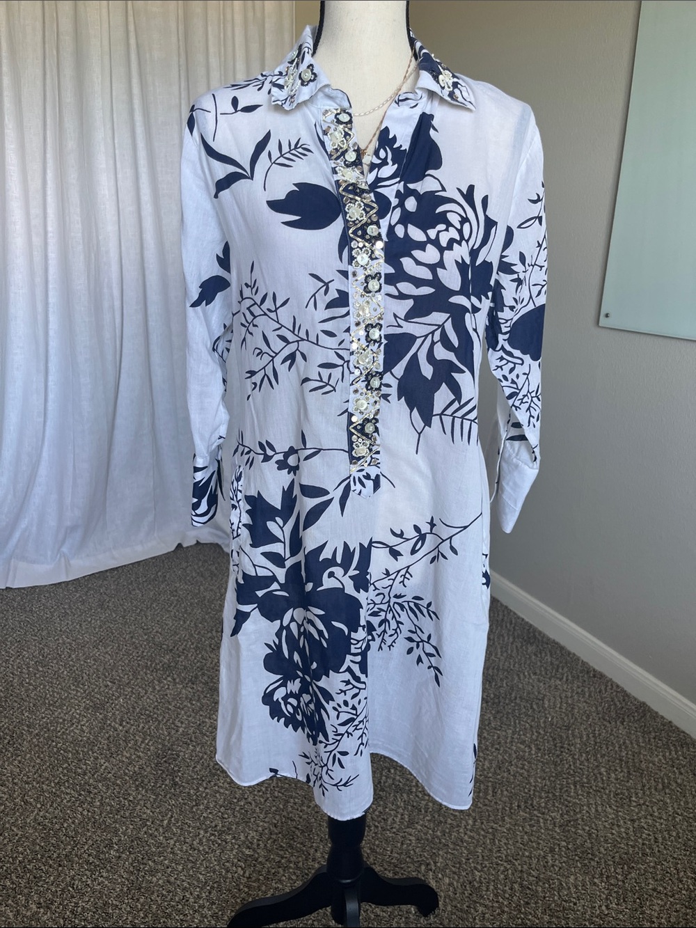 Soft Surroundings White Blue Floral Embellished Mini Dress XS Cotton Pockets
